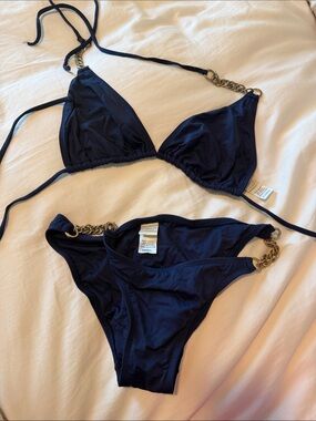 L Space Navy Blue Bikini with Gold Chain Detail Bottom S, Top XL